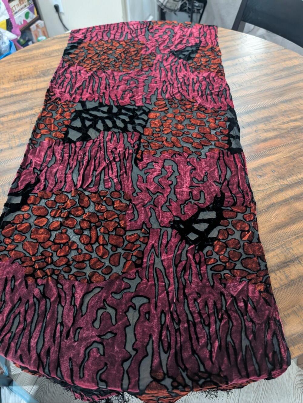 Flocked And Shear Tapestry Scarf 5 By 2.5 Feet Purple Red Black Velvet Burnout